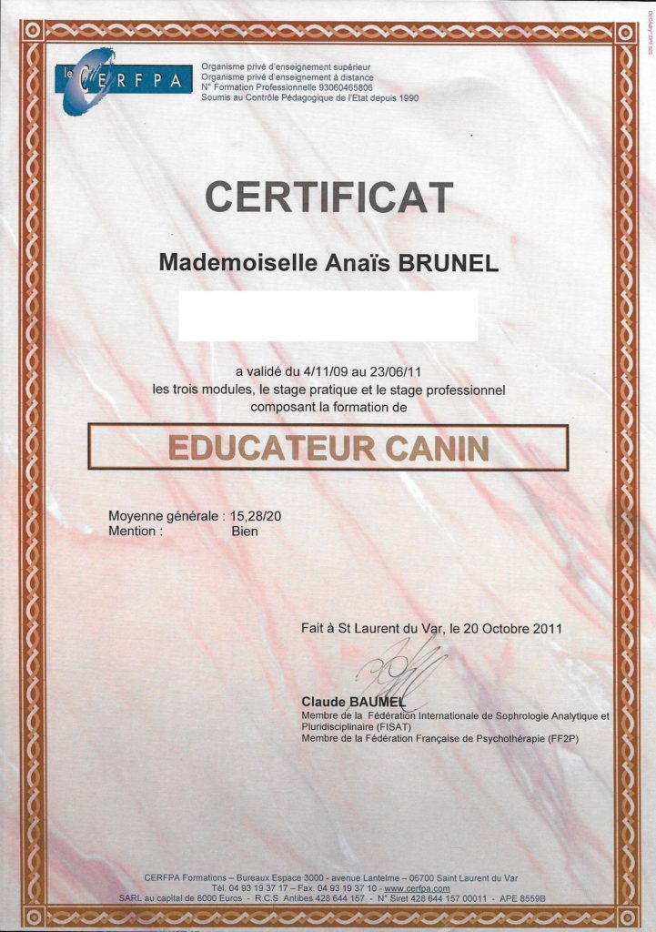 certificat CERFPA Anaïs
